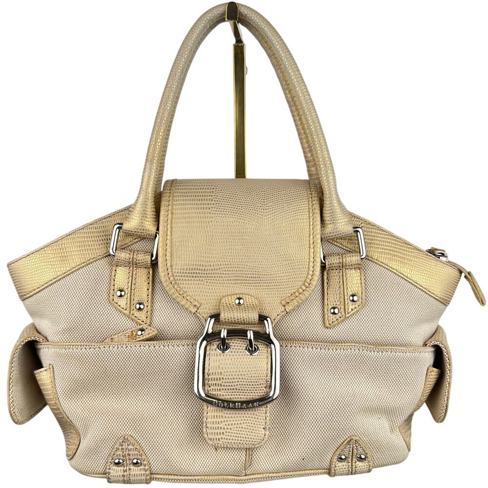 Cole Haan Buckle Canvas Tan and Gold Lizard Skin Embossed Leather Shoulder Bag